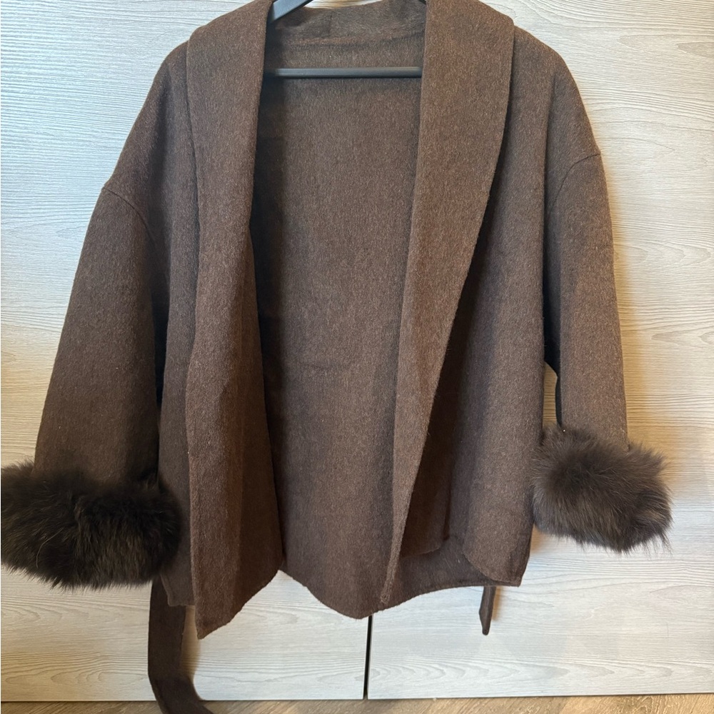 Reformation Brown Wrap Belted Jacket with Faux Fur Cuffs - Picture 4 of 5